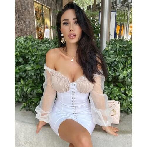 Fashion Sexy Long Sleeve Mesh White Women Rayon Bandage Dress Elegant Evening Club Party Dress