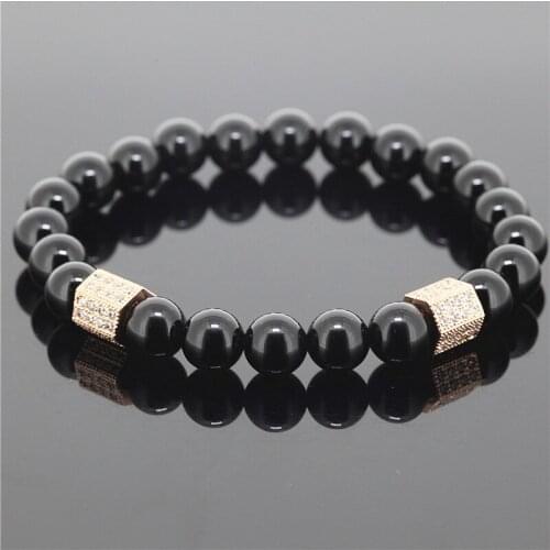 1PC 8mm Beads Men Stretch Bracelet Black Onyx Nature Stone Antique With Rose Gold Cubic Zirconia Connector Beaded Bracelet