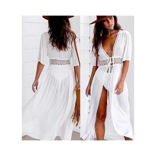 2017 New Womens Summer Beach Cover-Ups Little Print White Belt Long Beachdress Bikini Set Swimsuit Beach Cover Dress