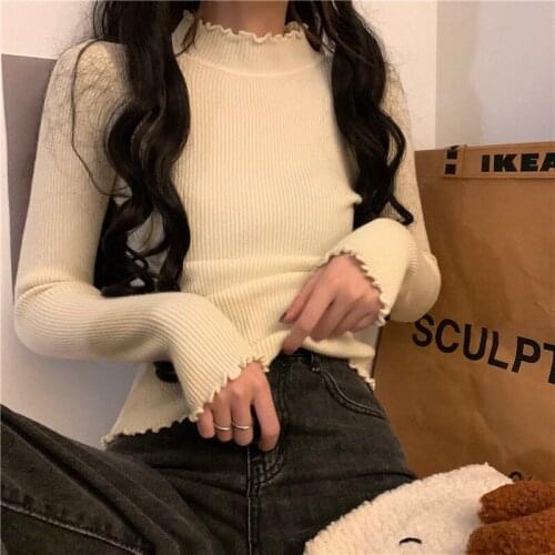 2020 Fall Winter Ruffles Sweater Turtleneck Ruched Women Tops Clothes High Elastic Solid Female Slim Sexy Knitted Pullovers