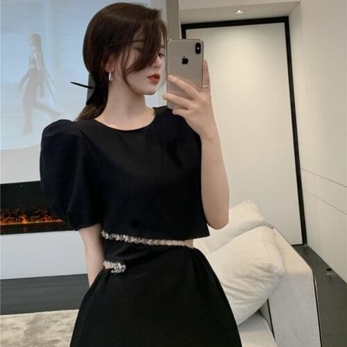 Dress Waist Summer New Female Design Sense French Little Black Dress Summer Temperament Short-sleeved T-shirt Skirt
