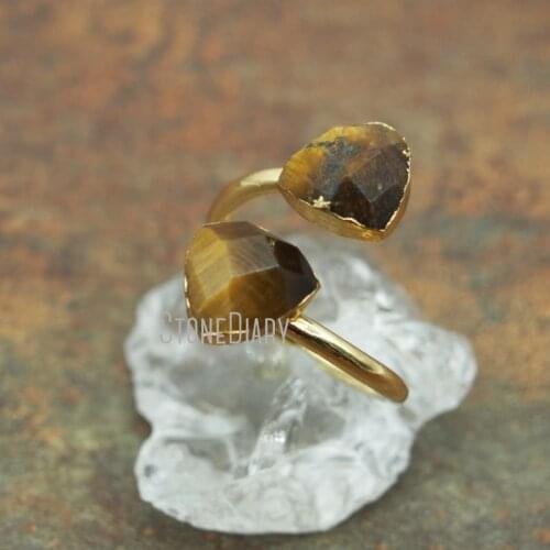 RM5571 10Pcs Cheap Tiger Eye Ring Double Pure Gold Color Faceted Triangle Ring Adjustable
