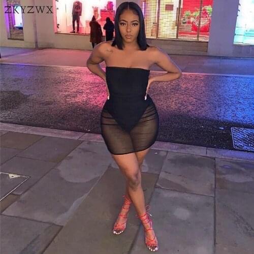 ZKYZWX Sexy Ruched Mesh Sheer Bodycon Mini Dress for Women 2021 Summer Clothes Off Shoulder Backless Night Party Club Dresses