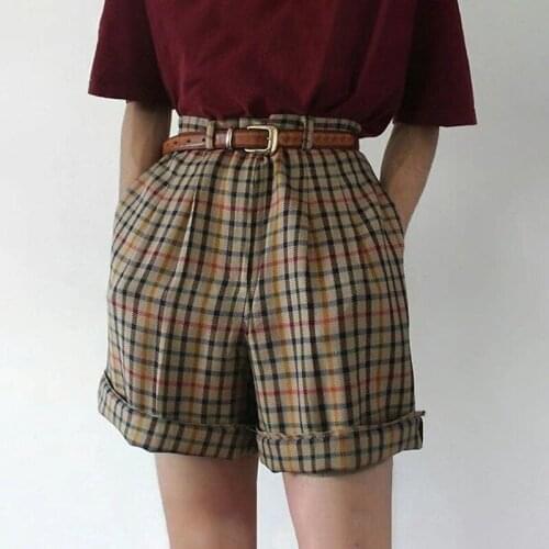 Brown Plaid High Waisted Cargo Shorts Women Metal Straight Shorts Femme Summer Casual Punk Streetwear Cortos Mujer