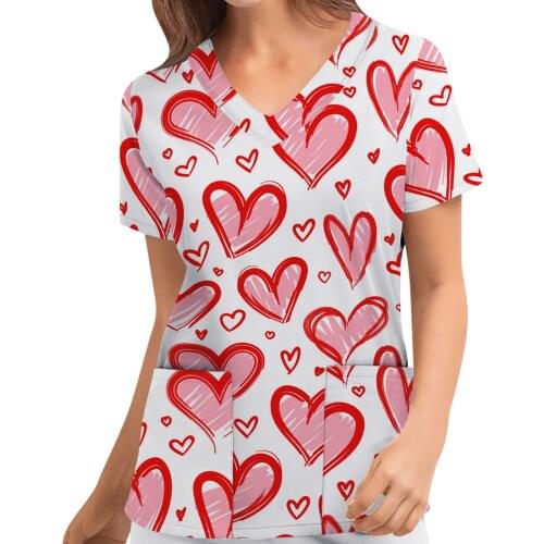 Women Valentines Day Love Print Tshirt Short Sleeve V-neck Tshirt Pocket Carer Tshirt Top Camisetas Verano Mujer 2021 #G3