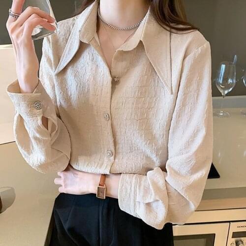 Women Chiffon Spring Summer Long Sleeve Folds Loose Blouses Fashion White Shirts Casual Polo-Neck Tops Blusas MM0262