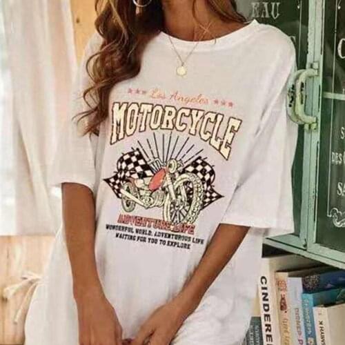 Womens Oversized T-shirts Summer New Style Half-sleeve Motorcycle Letter Printing Round Neck Harajuku Blouse Tops y2k Goth Tees