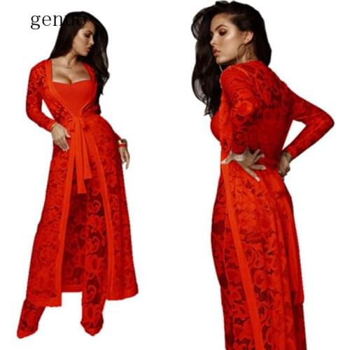 Womens new fashion atmosphere sexy autumn lace wide leg pants three-piece casual suit