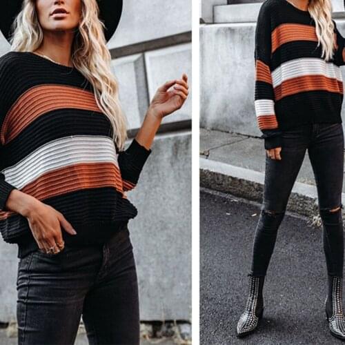 2021 Autumn and Winter New Womens Fashion Street Striped Sweater Loose Casual Round Neck Pullover Large Size Acrylic Sweater