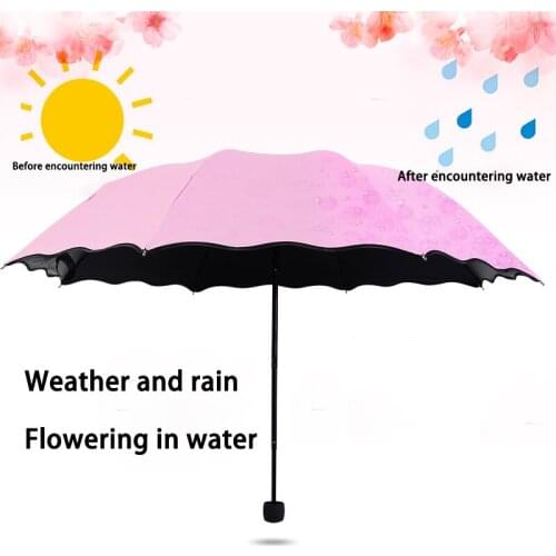Ladies Portable Umbrellas Windproof 3-Folding Blossoms in Water Changes Color Anti-UV Sun/Rain Umbrella Free Umbrellas