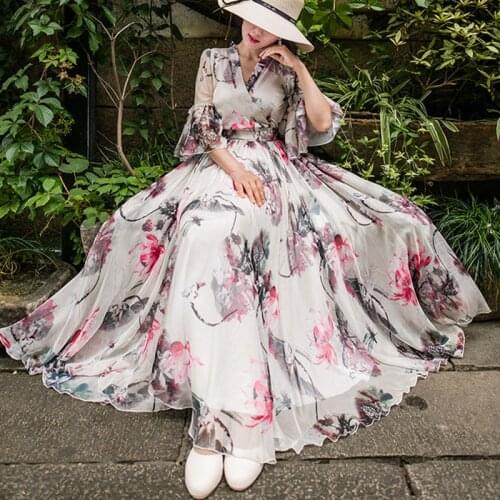 Temperament High Quality Printed V-neck Women Long Dress Summer Fashion 2021 New Big Swing Skirt Floral Ladies Dress JK320