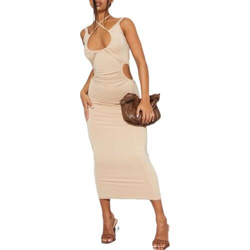 Women Solid Color Lace-up Dress, Slim Fit Sleeveless Backless Club Wear Hollow Out Sexy High Waist Long Low-cut Sundress