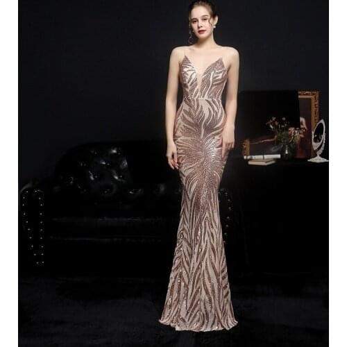 Beauty-Emily 2021 New Sling V Neck Golden Sexy Evening Dresses Long Luxury Mermaid Formal Dress Prom Pageant Gowns ED18590
