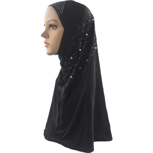 12pcs One Dozen Muslim Women Girls Hijab Islam Scarf Amira Hand-Made Pearl Little Diamond Lace Patchwork Soft Stretch Wholesale
