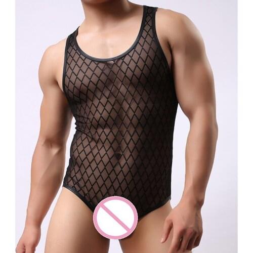 2017 Fashion Brand Plaid Fishnet Transparent Man Sexy Fitness Shapers Gay Funny Bodybuilding Bodysuit/Hot Shapewear Size M L XL