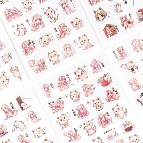 6 Sheets/pack Lovely Girls Cats Decorative Washi Stickers Scrapbooking Stick Label Diary Stationery Album Stickers