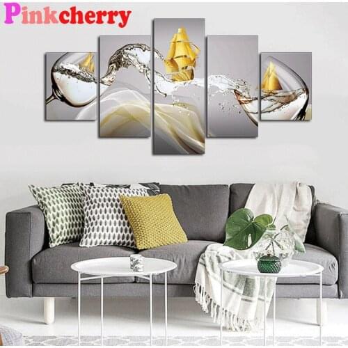 Abstract Wine Glass diamond embroidery,Multi-Panel full round drill 3d cross stitch mosaic diamond painting 5 pieces