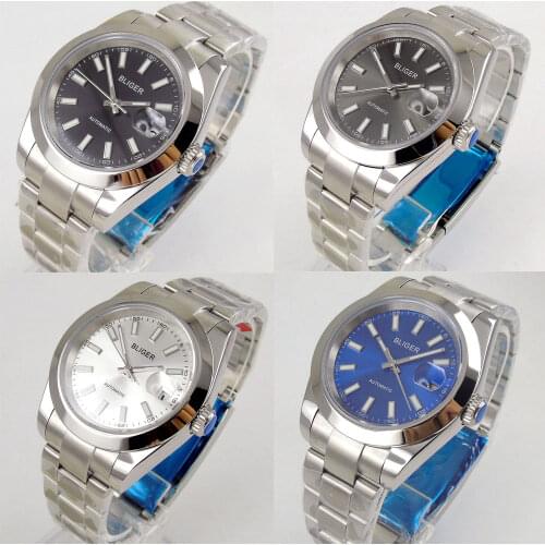 BLIGER 36mm Dress Polished Bezel Automatic Men Wristwatch MIYOTA 8215 Brushed Bracelet Date Magnifier Solid Back