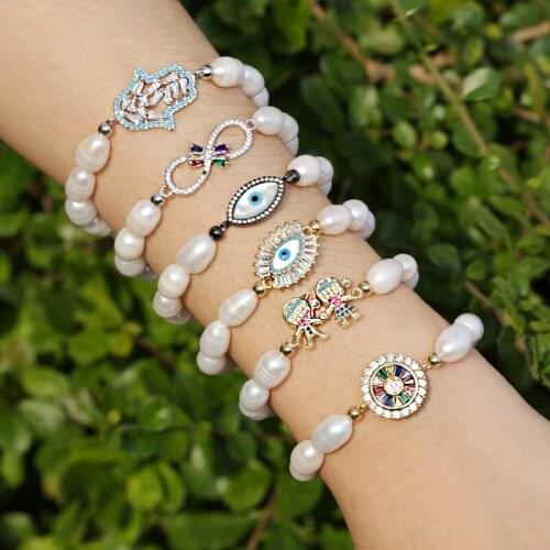 2021 Hot Sale Natural Pure Freshwater Pearl Stretch Beaded Evil Eye Heart Rainbow CZ Connector Charm Unisex Bracelet