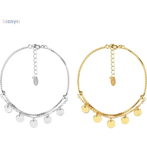 LOZOYA 925 Sterling Silver Gold Coins Pendant Chains Double Chain Bracelet Women Rock Punk Charms Round Circle Coins Jewelry