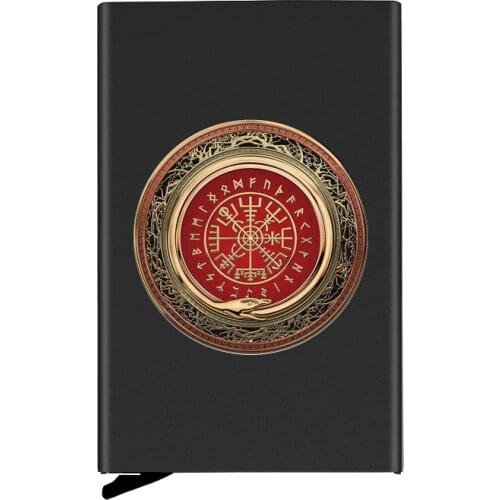 Black Metal Case Viking Badge Printing Credit Card Holder Men Slim Anti Protect Travel ID Cardholder Women Rfid Wallet