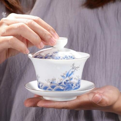 Ceramic Handmade Kung Fu Gaiwan Creative Hand-painted Spray Pattern Tea Tureen Tea Set Office Tea Bowl With Saucer 180ML