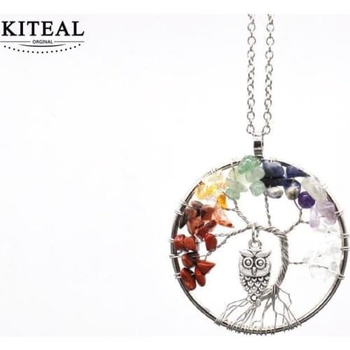 Kiteal Natural Stone Quartz Owl Tree of Life Pendant for Women Men Healing Crystal Necklace Reiki Jewelry 7 Chakra Stones