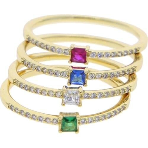 Thin CZ Band Ring Gold Color Fashion Geometric Red Green Blue White Square CZ Cute Minimal Girl Finger Jewelry
