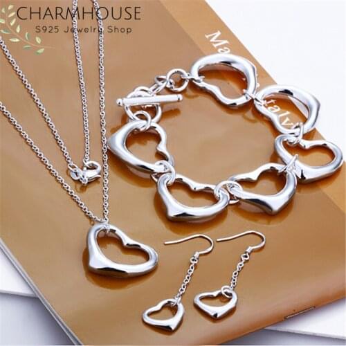 Charmhouse Silver 925 Jewelry Sets For Women 6 Hearts Chain Bracelet Necklace Long Earrings 3PCS Wedding Bridal Jewelry Set Gift