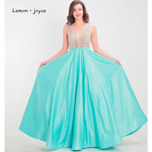 Lemon joyce Elegant Long Prom Dresses 2020 Tulle Crystals Beading Lace Up A-Line Satin Evening Dress Party Ball Gowns Plus Size