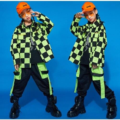 Fashion Children Modern Dance Hip Hop Clothing Long Sleeve Lattice Shirts Hiphop Pants Rave Clothes Jazz Street Dancewear DN8033