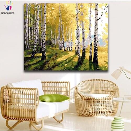 DIY colorings pictures by numbers with colors Birch forest impression Woods landscape picture drawing painting by numbers framed