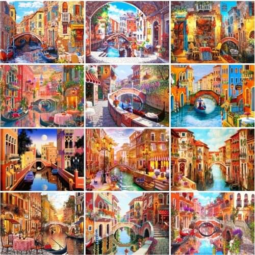 AZQSD DIY Painting By Numbers Town Bridge River Unique Gift For Children Oil Painting Landscape New Painter Home Decoration