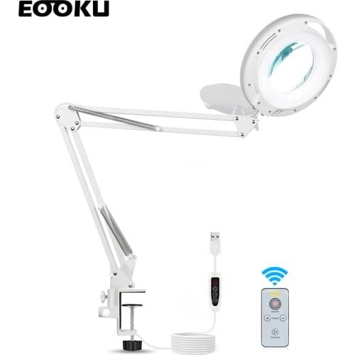 EOOKU Table Lamp 5X Magnifying Glass LED Desk Light Wireless Remote Control 3-Color Dimmable For Reading/Welding/Beauty