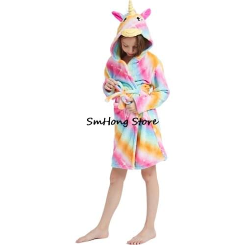 New Winter Kigurumi Unicorn Rainbow Girls Bathrobe Childrens Pyjamas Bath Robes Beach Wear Kids Clothing