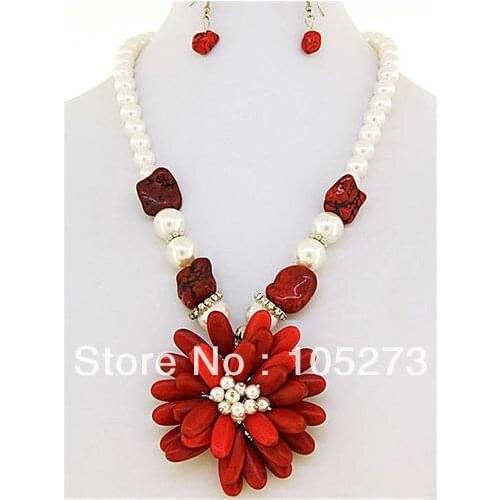 Charming Coral Jewelry Set 6-20mm Natural White Freshwater Pearl Tibet Silvers Red Coral Flower Necklace S925 Silvers Earrings
