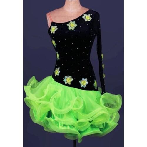 One sleeve green match black flower diamond latin Rumba cha cha salsa tango vestido latinodance dress competition wear S-XXXL
