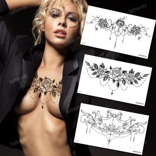Fake henna tatoo waterproof for women girls temporary tattoo flower lace jewelry sexy breast tattoo sticker black body art