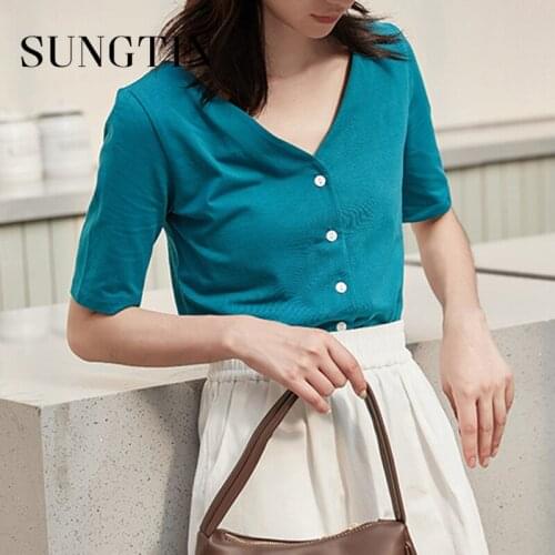 Sungtin 2021 Basic Women Korean Loose Solid T Shirts Hot Minimalist V Neck Single Breasted White New Female Short Sleeves Tops