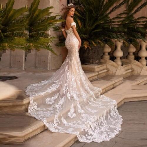 Modern Slim Mermaid Lace Open Back Wedding Gowns for Bride Sweetheart Off Shoulder Sleeve Bride Wedding Dresses Court Train 2021