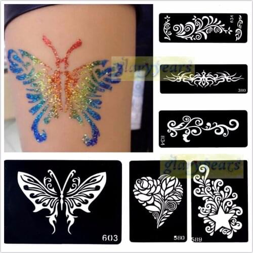 1pc Mehndi Henna Glitter Temporary Tattoo Stencil Paper Template Body Art Henna Art Paint Airbrush Paste Flower Star Heart Totem