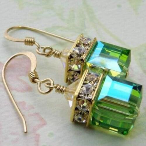 Trendy Classic Green/Blue Cube Zircon Dangle Earring For Women Vintage Gold Color Female Bride Jewelry Wedding Party Gifts