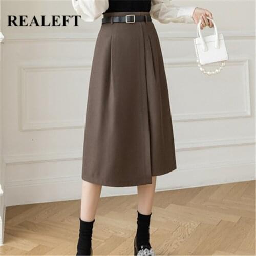 REALEFT 2021 New Autumn Women A-line Skirts With Belt Vintage High Waist Office Ladies Casual Solid Color Midi Skirts Female