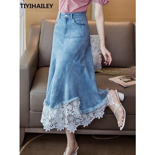 TIYIHAILEY 2021 Free Shipping Fashion Long Mid-calf Denim And Lace Patchwork Skirt For Women S-2XL High Waist Summer A-line