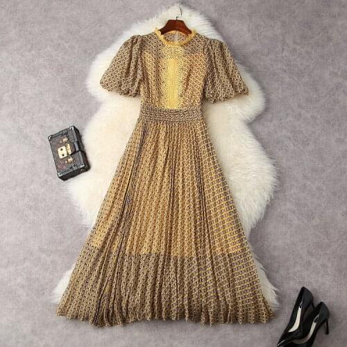 Europe and the United States womens clothing New Summer 2021 Short-sleeve hollow-out splicing printing Fashion pleated dress