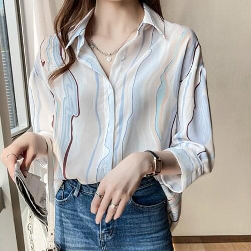 Shintimes Three Quarter Striped Print Women Blouse Shirt Summer Tops 2021 Korean Fashion Button Woman Clothes Chemisier Femme