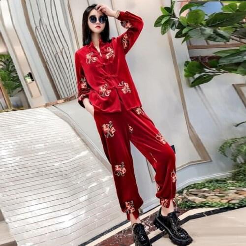 Autumn Elegant Red Gold Velvet Cardigan Jacket Long Pants Women 2 Piece Set Embroidery Coat Trousers 2Pc Tracksuit Female AA5759