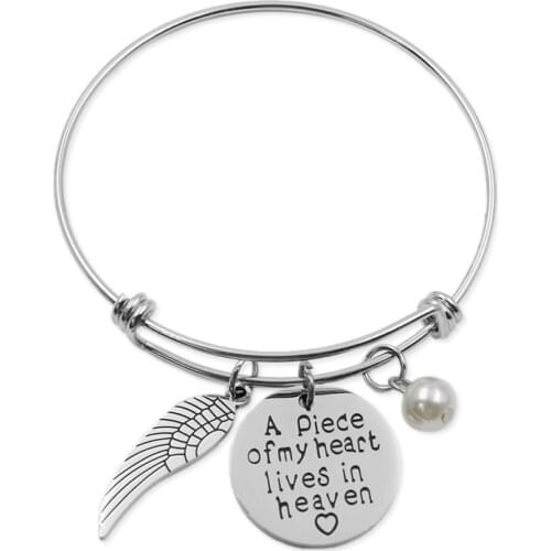 A piece of my heart lives in heaven remembrance miscarriage stainless steel charm bangle bracelet women memorial jewelry