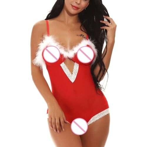 Ladies Christmas Sexy Lace Stitching Rabbit Feath Bodysuit Deep V-Neck Halter Sling Backless Lingerie Intimates Sexy Nightgown