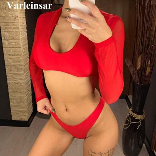 2021 Neon Green Mesh Long Sleeve Thong Bikini Women Swimwear Female Swimsuit Two-pieces Bikini set Bather Bathing Suit V940G